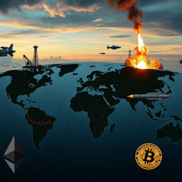 World map with oil rigs, stock tickers, and cryptocurrency icons under a missile-sky, depicting Iran conflict's market impact