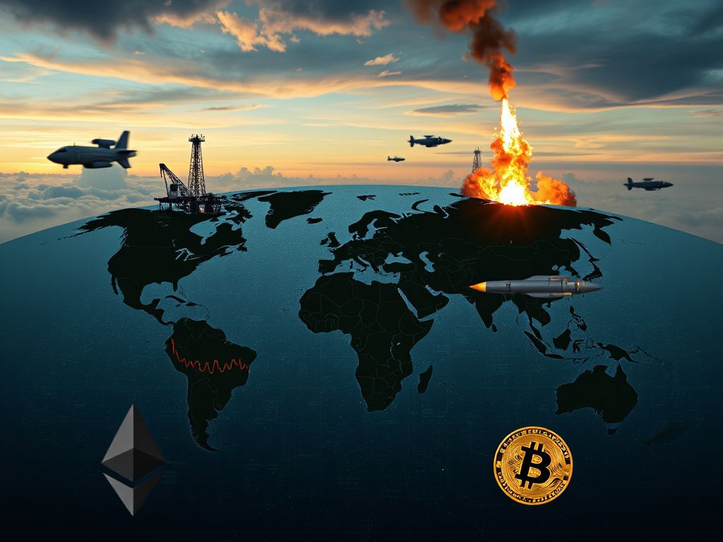World map with oil rigs, stock tickers, and cryptocurrency icons under a missile-sky, depicting Iran conflict's market impact