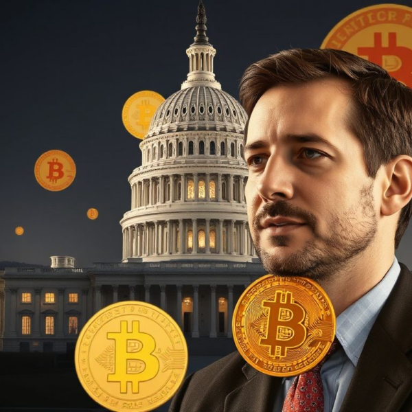 Kevin Warsh standing before the Capitol with Bitcoin icons floating around