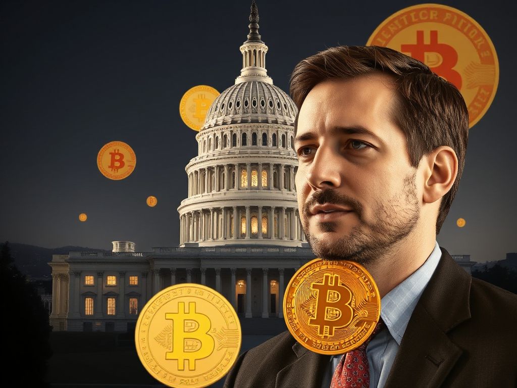 Kevin Warsh standing before the Capitol with Bitcoin icons floating around