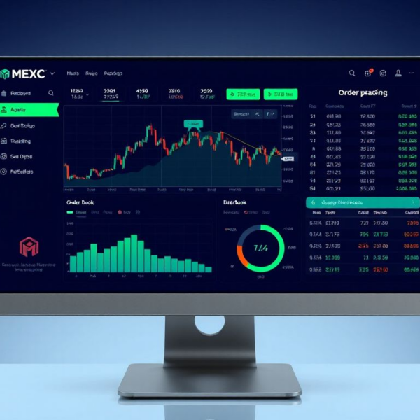 Screenshot of MEXC cryptocurrency exchange platform showing trading dashboard with charts and logo