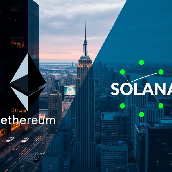 Split-screen image comparing Ethereum and Solana ecosystems in 2026