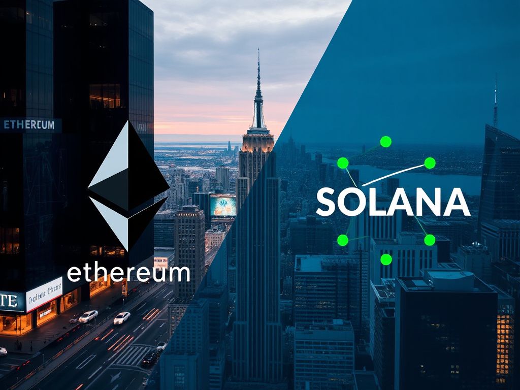 Split-screen image comparing Ethereum and Solana ecosystems in 2026