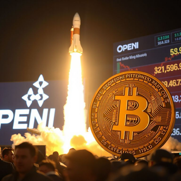 SpaceX rocket launch and OpenAI logo beside a Bitcoin symbol, illustrating the impact of their IPOs on Bitcoin liquidity