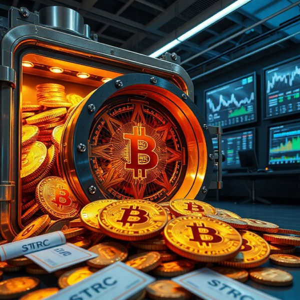 Futuristic corporate vault filled with shining Bitcoin coins representing Strategy Inc.'s massive treasury holdings
