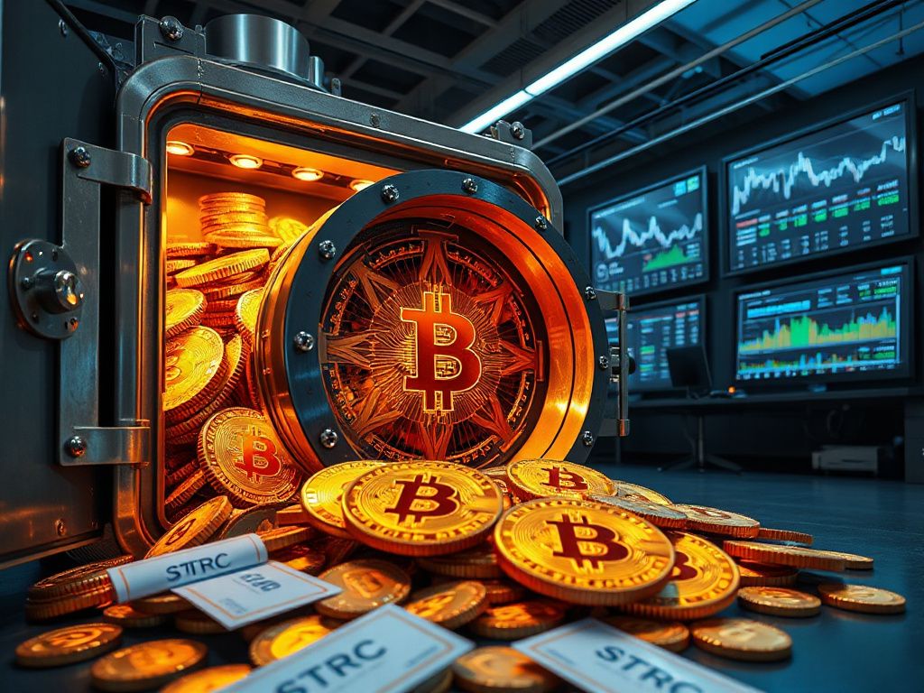 Futuristic corporate vault filled with shining Bitcoin coins representing Strategy Inc.'s massive treasury holdings