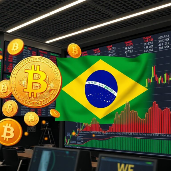 Digital tokens representing shares on Brazil's B3 exchange with a Bitcoin price chart in the background