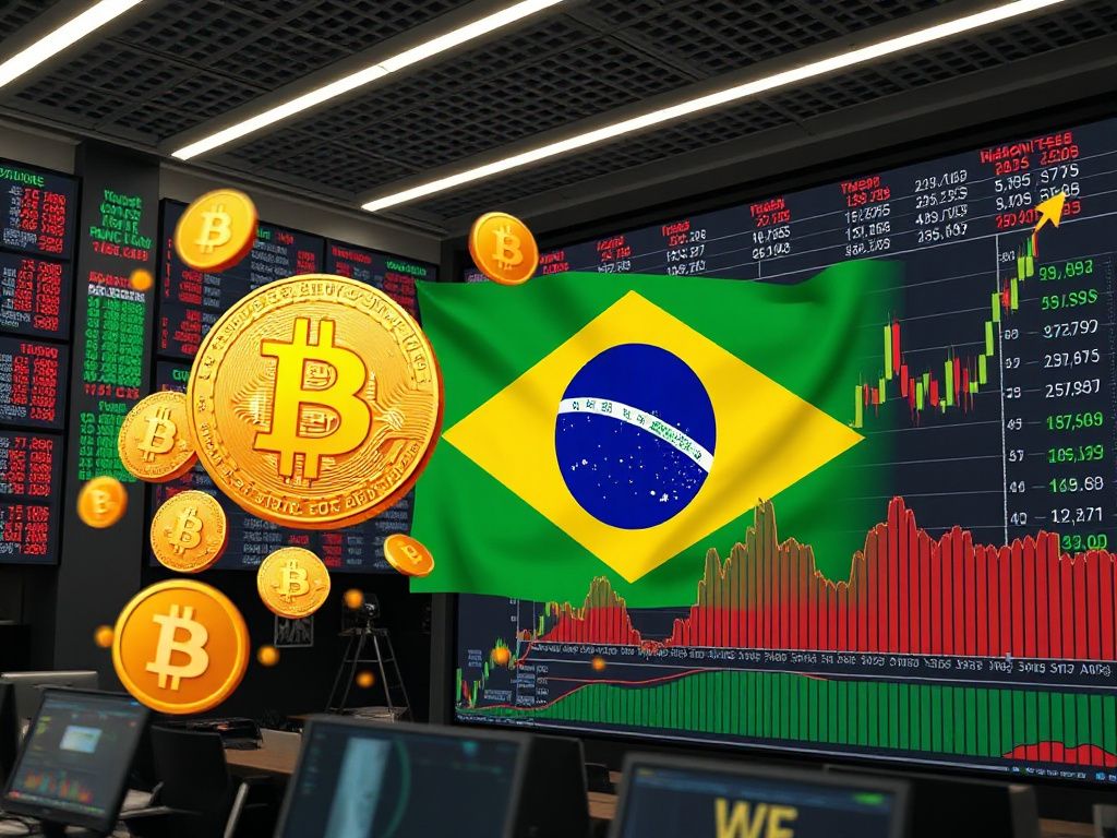 Digital tokens representing shares on Brazil's B3 exchange with a Bitcoin price chart in the background