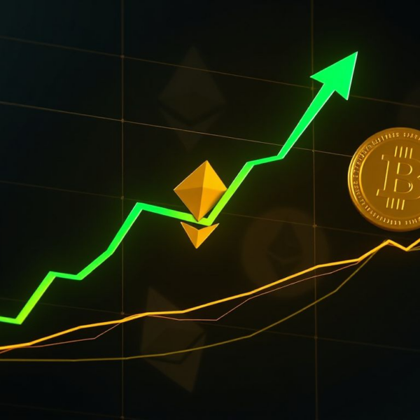 Photorealistic chart depicting USDT dominance golden cross with Tether logo and subdued BTC/ETH symbols