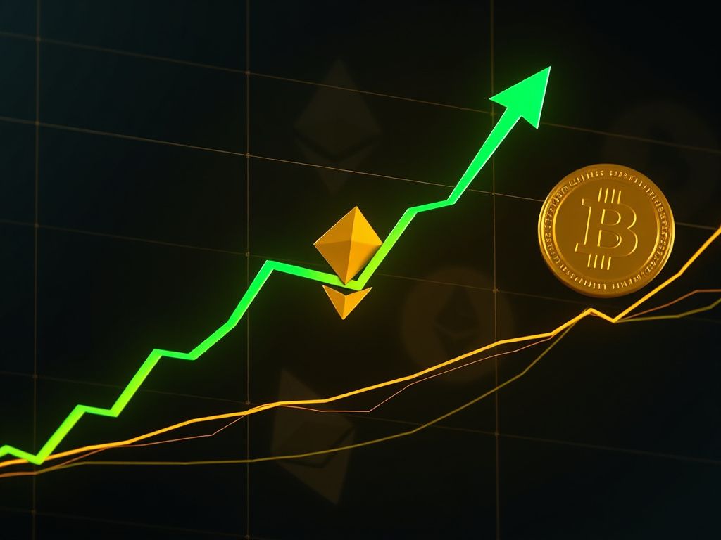 Photorealistic chart depicting USDT dominance golden cross with Tether logo and subdued BTC/ETH symbols
