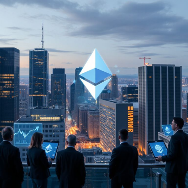 Photorealistic depiction of a financial district with Ethereum blockchain symbols symbolizing institutional adoption