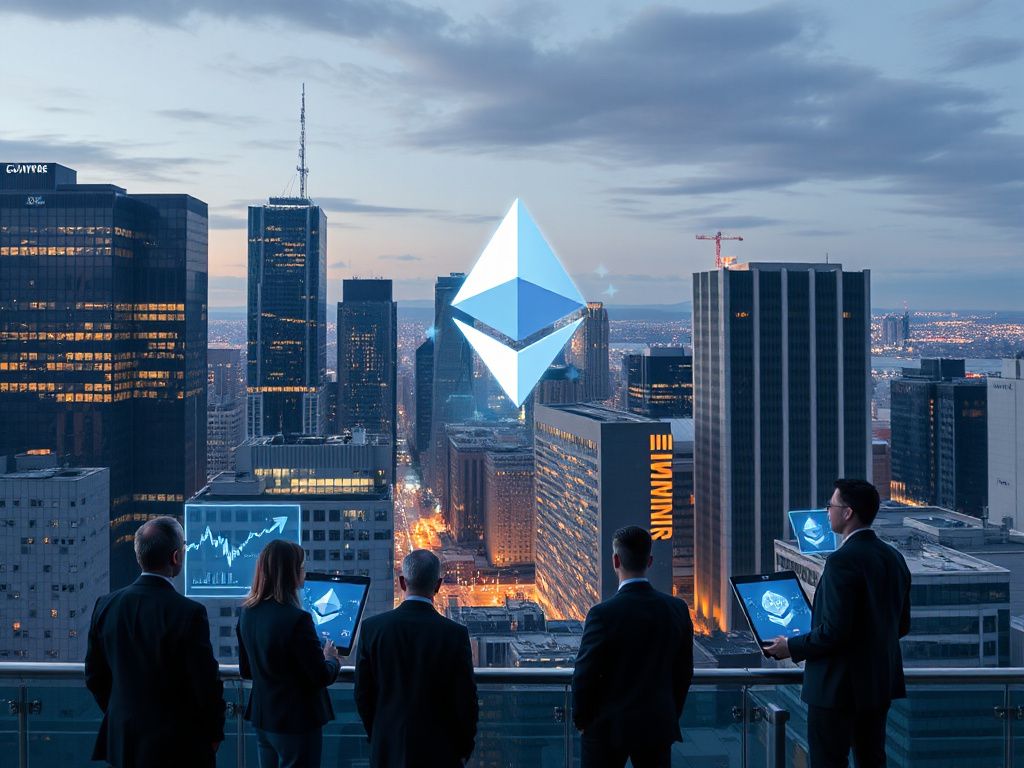Photorealistic depiction of a financial district with Ethereum blockchain symbols symbolizing institutional adoption